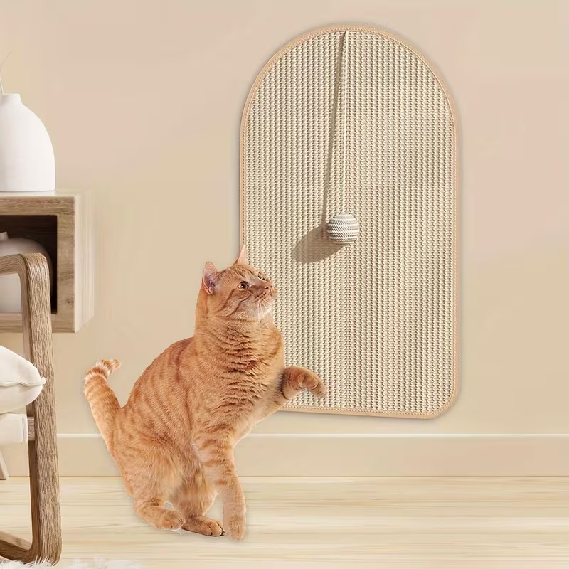 Wall-Mounted Sisal Cat Scratching Mat with Hanging Toy